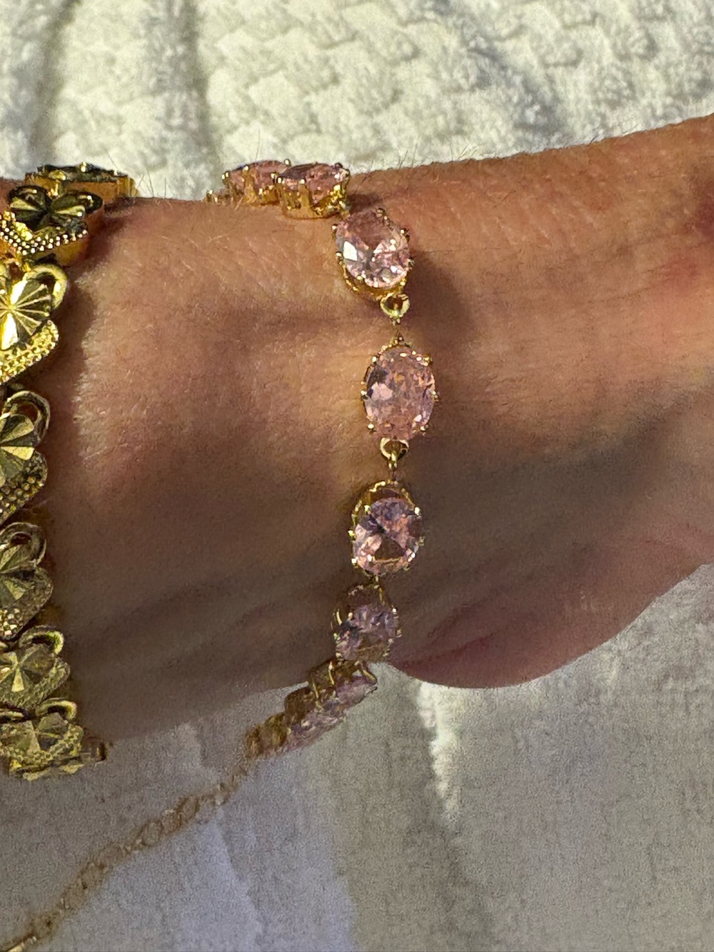 Bracelet- Gold Plated Waterproof Non-Tarnish Baby Pink Stone, Bracelet has exten